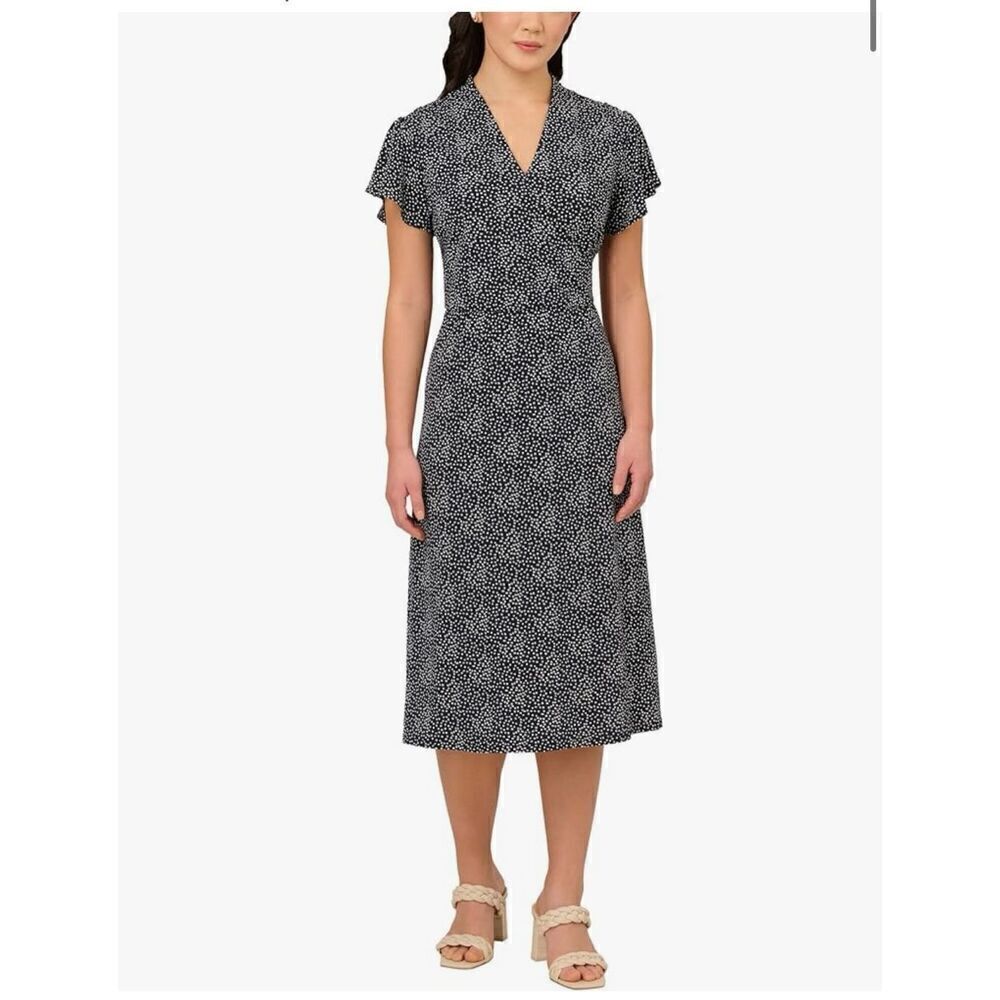 Adrianna Papell Women's M Flutter Sleeve Dot Printed Midi Dress Black White Twee